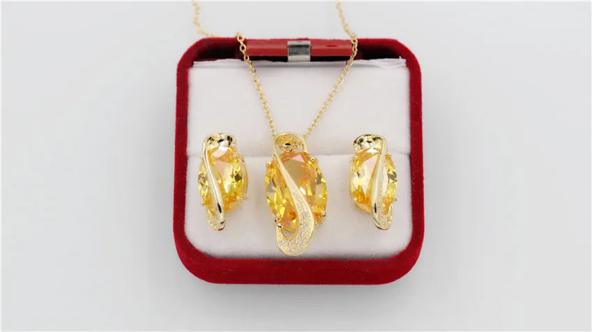 Gold Color  Jewelry Set Yellow Crystal Jewelry Sets Necklace Pendant Earrings Set