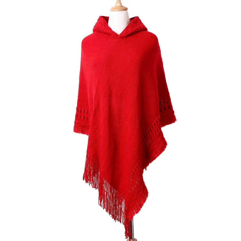 Ladies Tassel Cape Coat Fringe Poncho Oblique Stripe Coat Bohemian Shawl Scarf