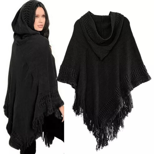 Ladies Tassel Cape Coat Fringe Poncho Oblique Stripe Coat Bohemian Shawl Scarf