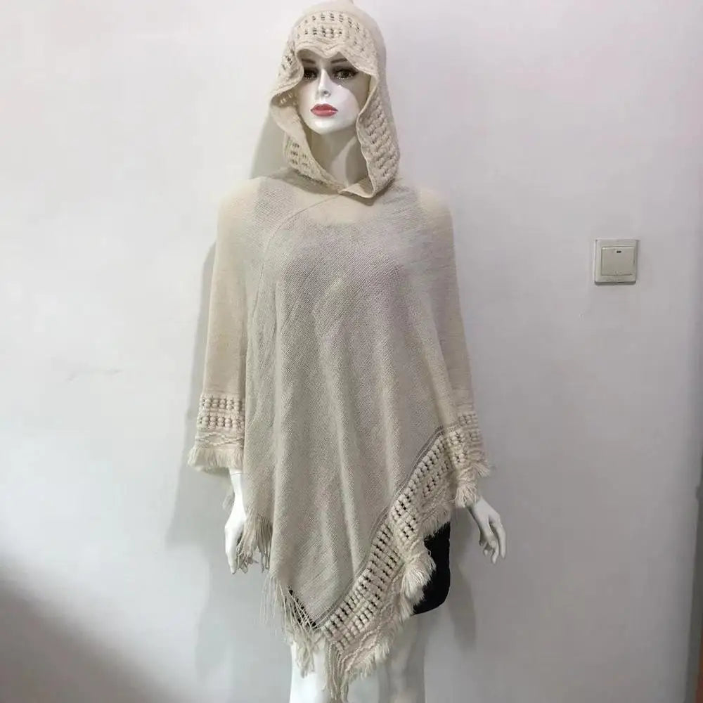 Ladies Tassel Cape Coat Fringe Poncho Oblique Stripe Coat Bohemian Shawl Scarf