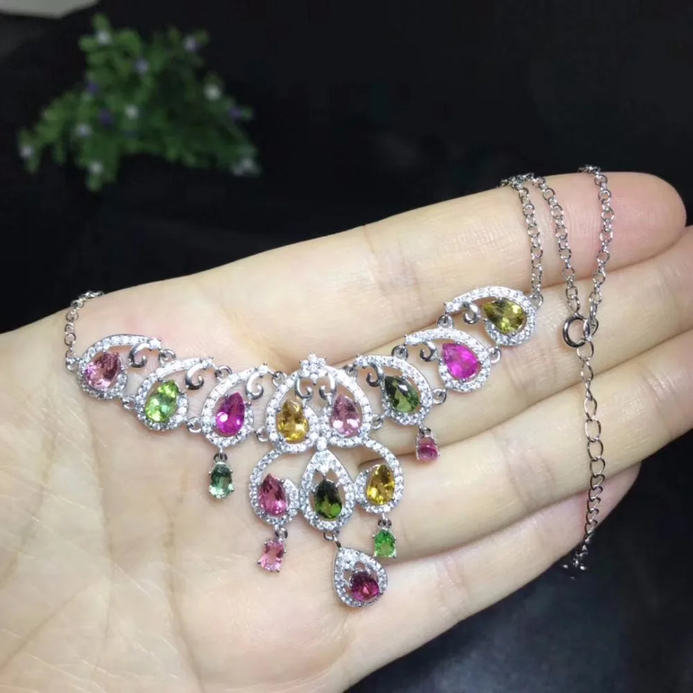 Tourmaline Multicolor Gemstone Pendant Necklace 925 Sterling Silver Jewelry Necklace