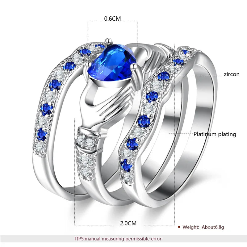 3 Piece Set Rings  Cubic Zirconia  Blue Heart Promise Ring
