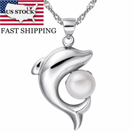 Simulated Pearl Choker Silver Dolphin Necklace
