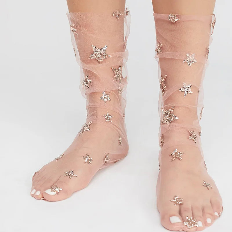 Fashion Star Transparent Socks Art Women Funny Glitter Socks Hosiery Ankle Socks Female Hipster