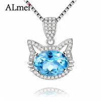 2ct Blue Topaz Cat Necklace Long Pendant Crystal Chain  Silver 925