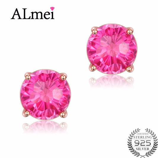 925 Sterling Silver 6ct Red Topaz Stud Earrings Natural Zircon
