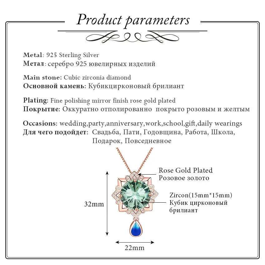 Malachite Cubic Zirconia Pendant 925 Sterling Silver Rose Gold Color Necklace