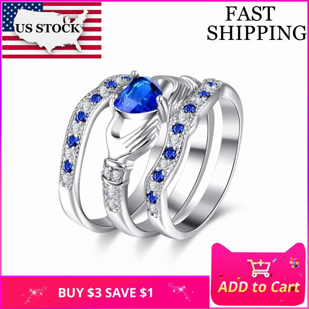 3 Piece Set Rings  Cubic Zirconia  Blue Heart Promise Ring