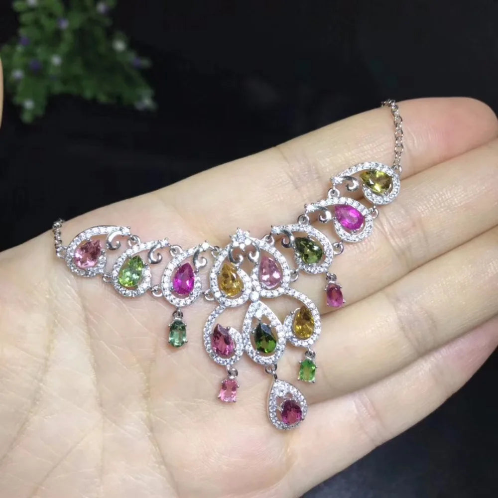 Tourmaline Multicolor Gemstone Pendant Necklace 925 Sterling Silver Jewelry Necklace