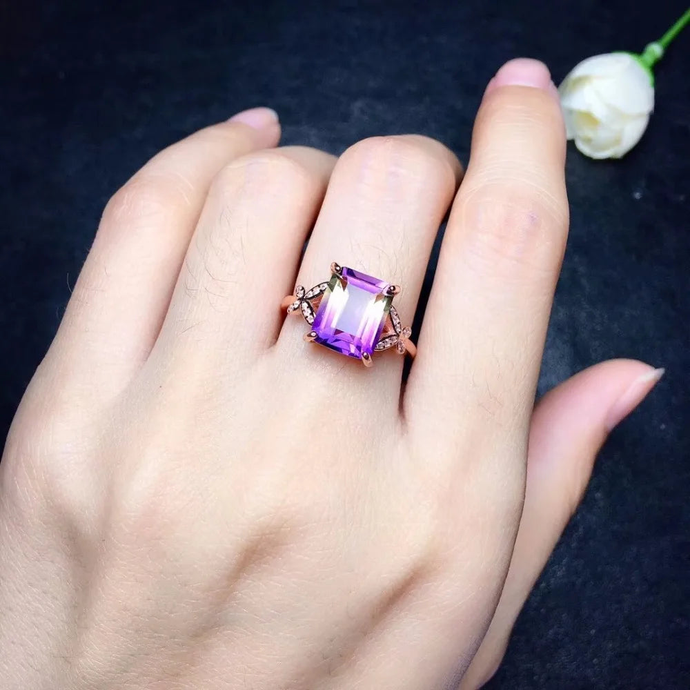Natural Square Amethyst Gemstone Ring, 925 Sterling Silver, 8*10mm*1 Pcs