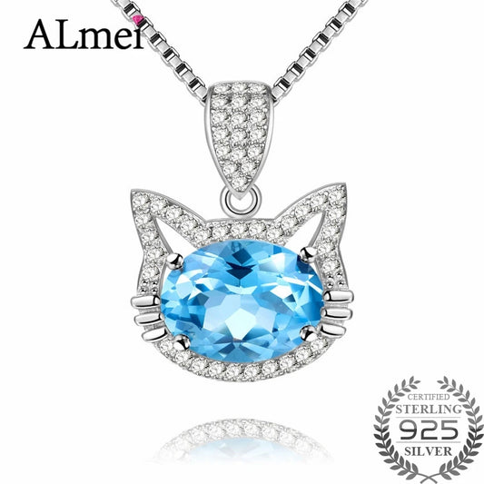 2ct Blue Topaz Cat Necklace Long Pendant Crystal Chain  Silver 925