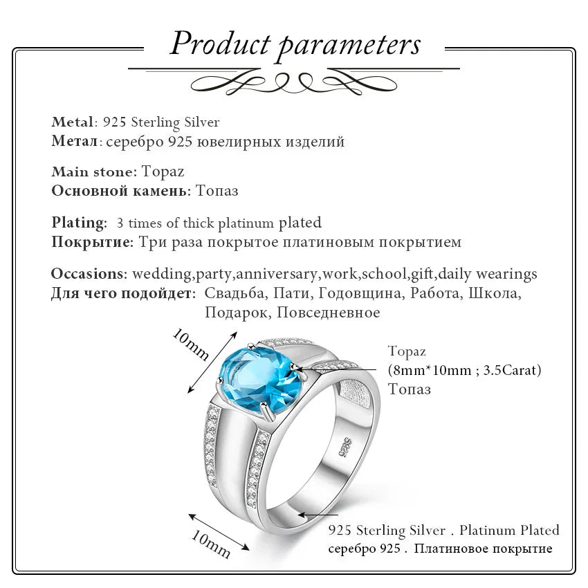 3.5ct Oval Blue Topaz Gemstone Ring Wide Band 925 Sterling Silver  Fine Jewelry