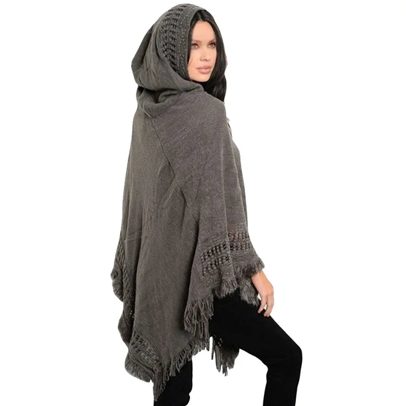 Ladies Tassel Cape Coat Fringe Poncho Oblique Stripe Coat Bohemian Shawl Scarf