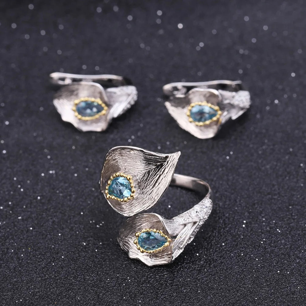 1.68Ct Natural Swiss Blue Topaz Calla lily Leaf Earrings 925 Sterling Silver Handmade Stud Earrings for Women