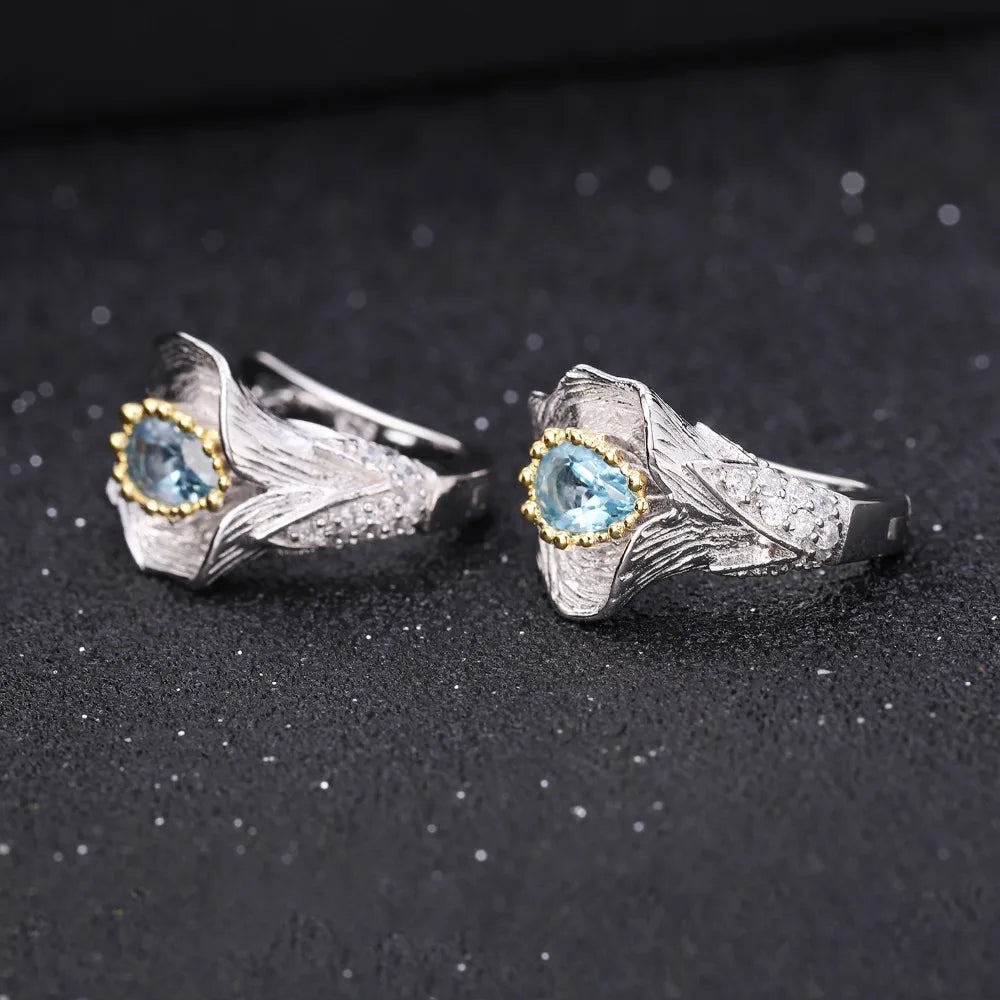 1.68Ct Natural Swiss Blue Topaz Calla lily Leaf Earrings 925 Sterling Silver Handmade Stud Earrings for Women