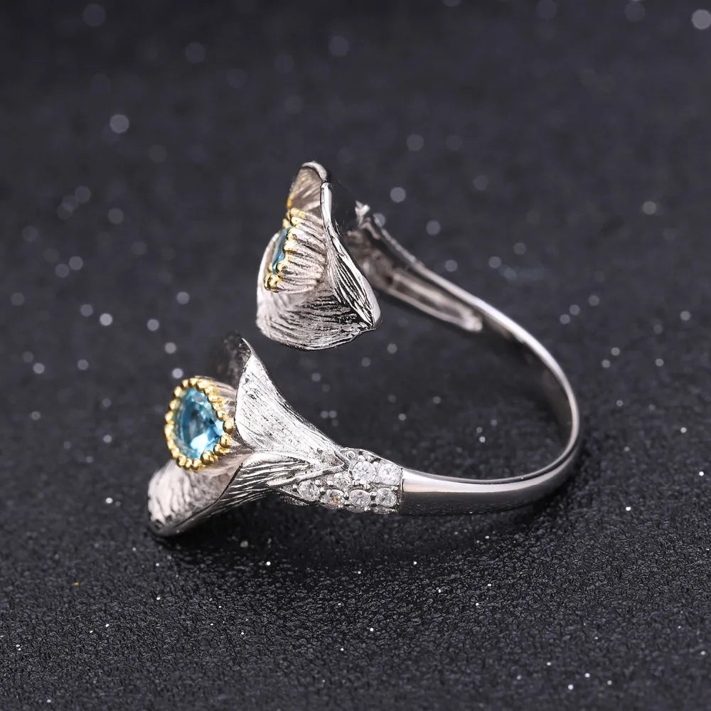 1.25C Natural Swiss Blue Topaz Calla lily Leaf Rings 925 Sterling Silver Handmade Adjustable Ring for Women