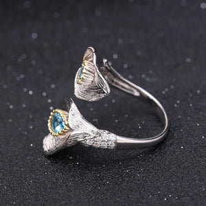 1.25C Natural Swiss Blue Topaz Calla lily Leaf Rings 925 Sterling Silver Handmade Adjustable Ring for Women