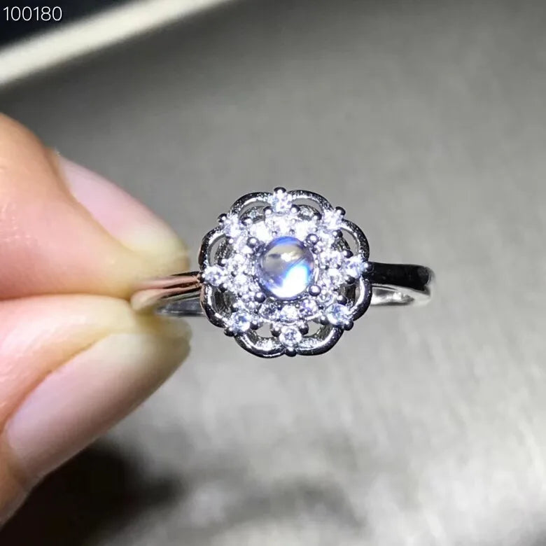 Simple and Refined, Natural Blue Moonstone Ring, 925 Silver, 4*4mm