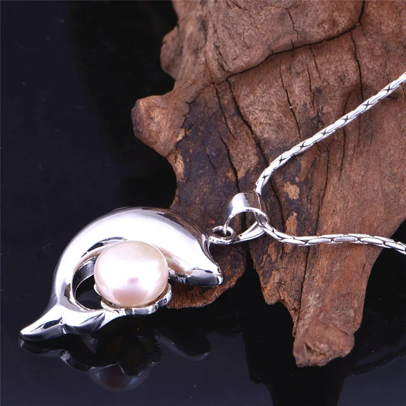 Simulated Pearl Choker Silver Dolphin Necklace