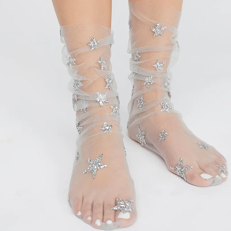 Fashion Star Transparent Socks Art Women Funny Glitter Socks Hosiery Ankle Socks Female Hipster