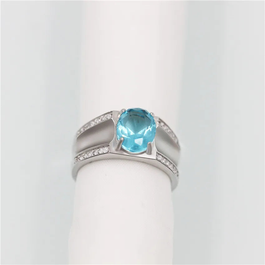 3.5ct Oval Blue Topaz Gemstone Ring Wide Band 925 Sterling Silver  Fine Jewelry