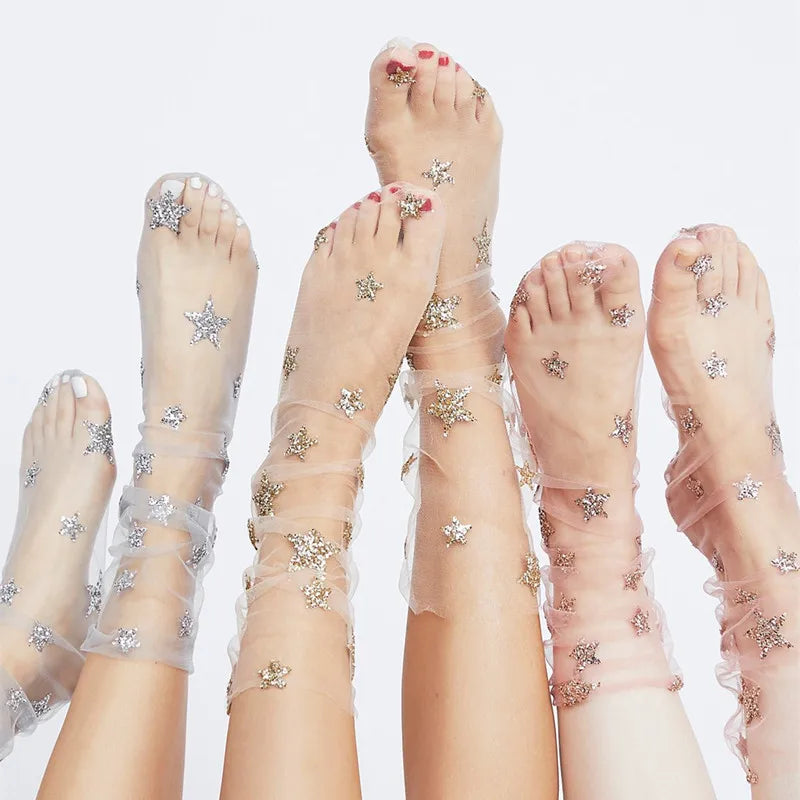 Fashion Star Transparent Socks Art Women Funny Glitter Socks Hosiery Ankle Socks Female Hipster