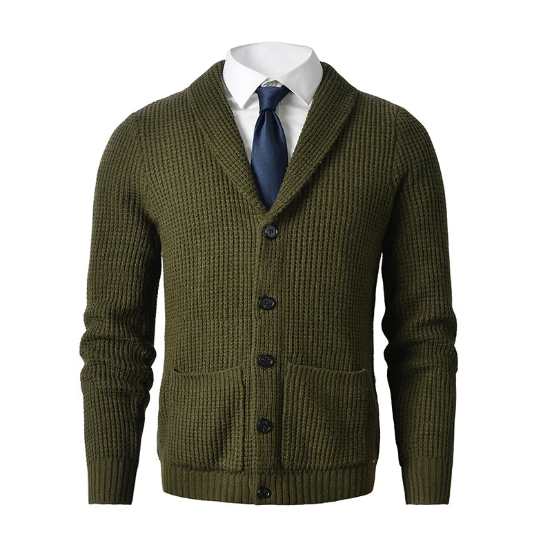 Shawl Collar Cardigan Sweater Slim Fit Cable Knit Button up Merino wool Sweater with Pockets