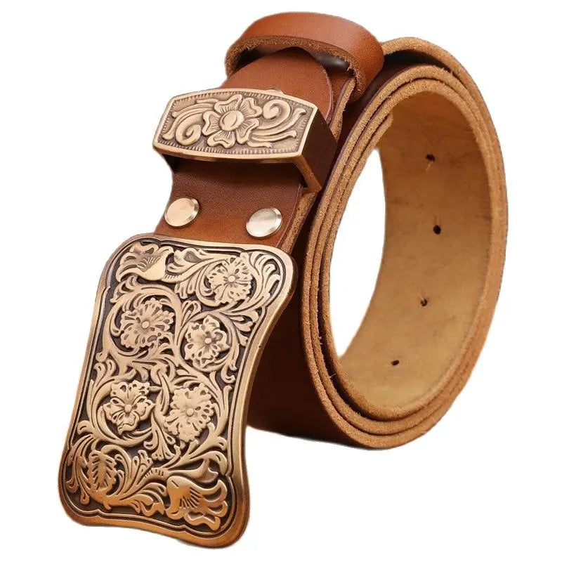 Solid brass flower buckle belt full grain cowhide leather high quality vintage