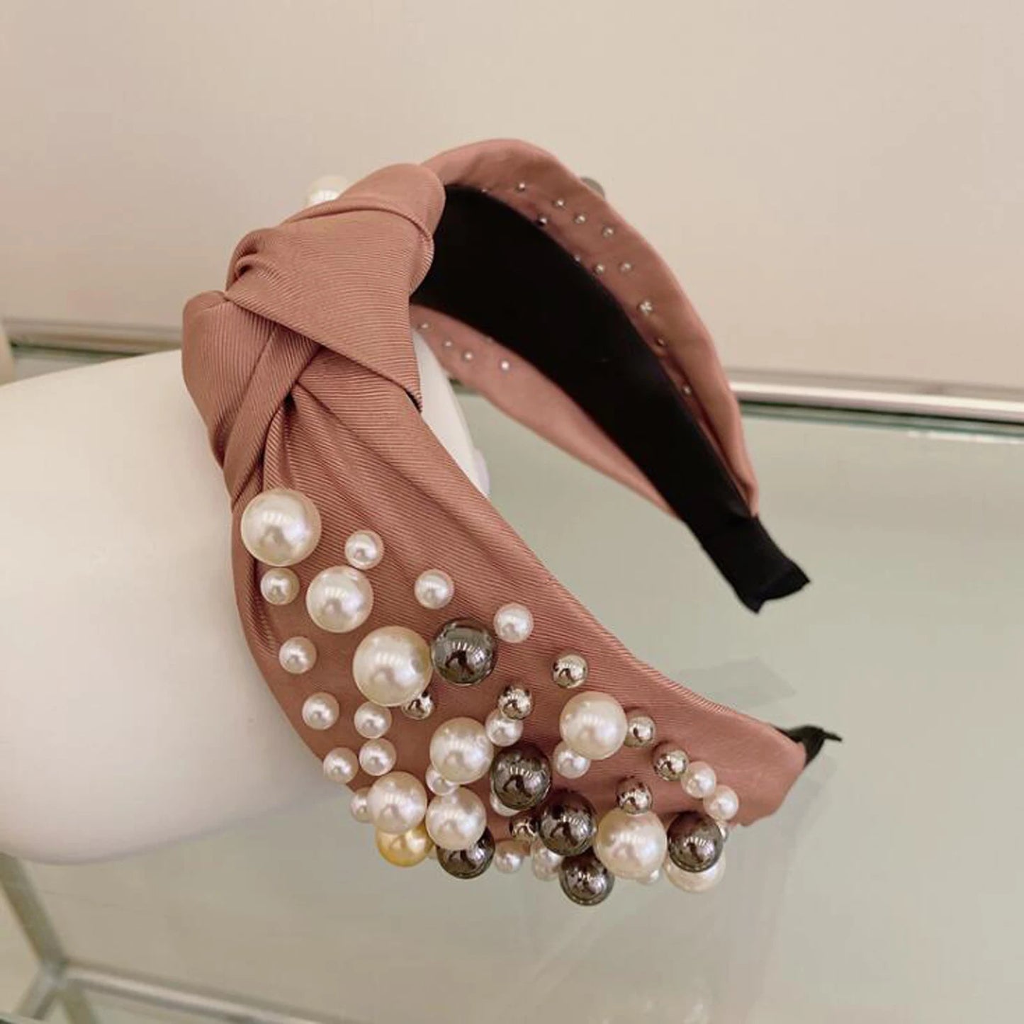 Fashion Women Hair Accessories Wide Side Headband Mix Pearls Baroque Hairband For Adult Center Knot Headwear