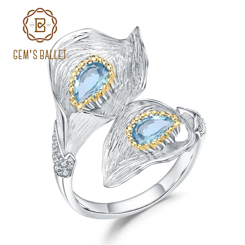 1.25C Natural Swiss Blue Topaz Calla lily Leaf Rings 925 Sterling Silver Handmade Adjustable Ring for Women
