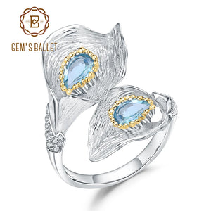 1.25C Natural Swiss Blue Topaz Calla lily Leaf Rings 925 Sterling Silver Handmade Adjustable Ring for Women