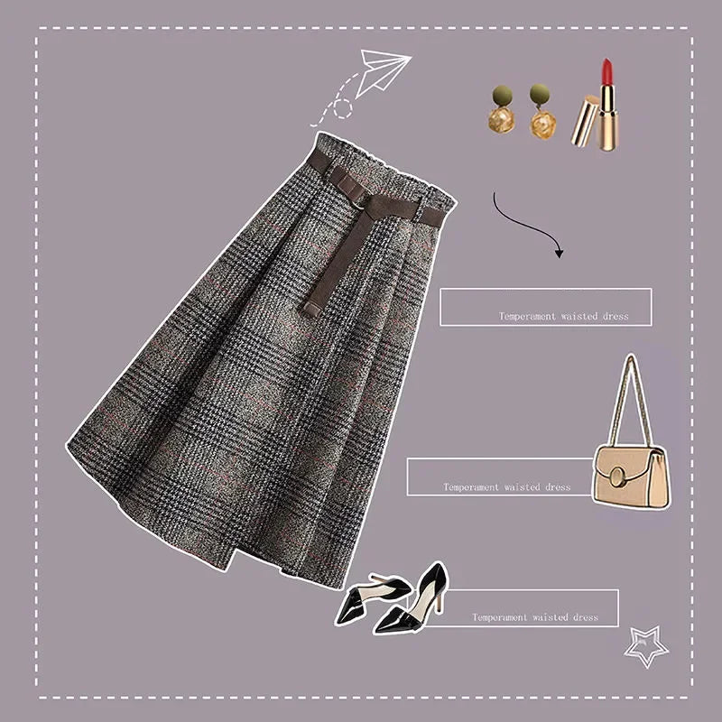 Plaid Vintage Knit Elastic High Waist With Belt A-line  Skirt