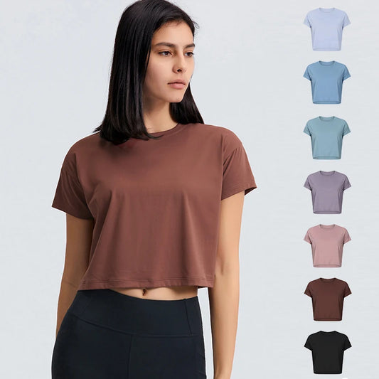 Loose Blouses Women Seamless Sport t-Shirts  Yoga Crop Top Short Sleeve Running Shirts Solid Quick Dry Fitness Gym Crop Tops