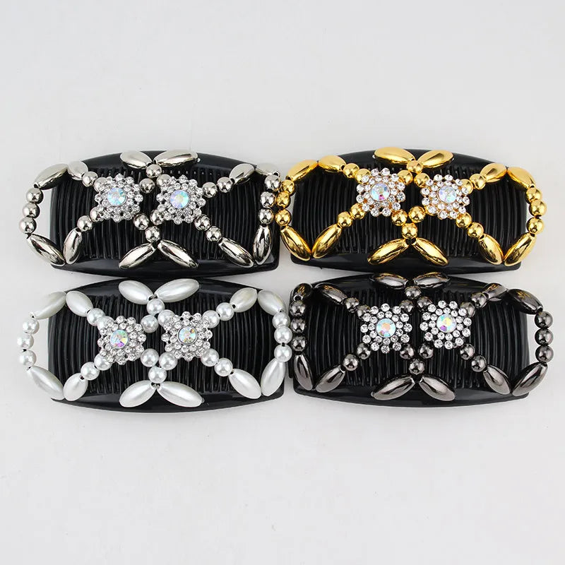 Beads Hair Combs Shiny Rhinestone Beaded Hair Claws Magic Tuck Comb Updo Accessories Elastic Headwear Bun Ponytail Holder