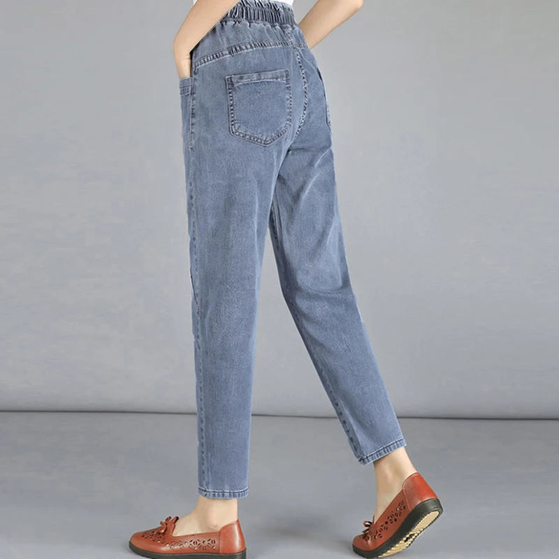 Casual Denim Ankle-length Vintage Baggy Vaqueros Elastic High Waist  Jeans