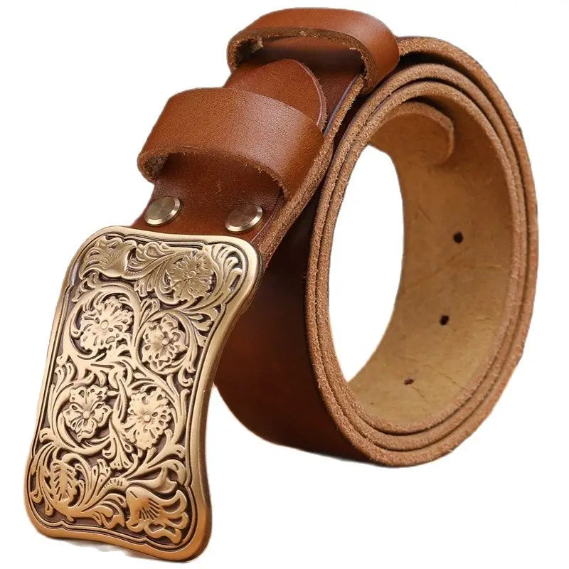 Solid brass flower buckle belt full grain cowhide leather high quality vintage