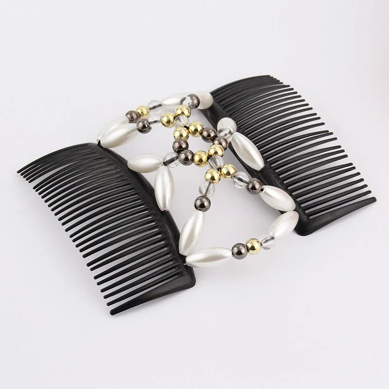 Beads Hair Combs Shiny Rhinestone Beaded Hair Claws Magic Tuck Comb Updo Accessories Elastic Headwear Bun Ponytail Holder