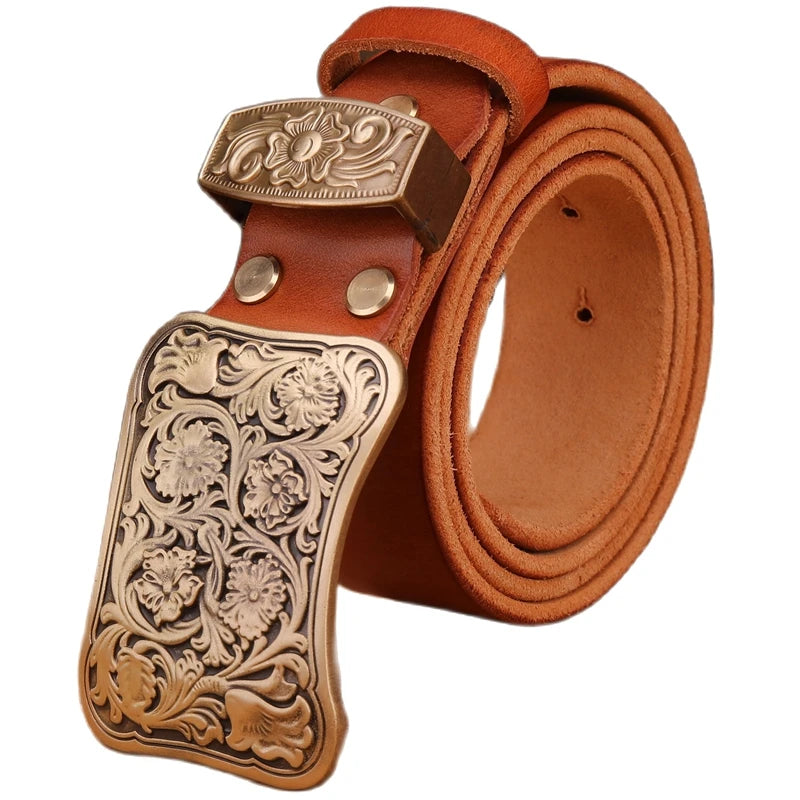 Solid brass flower buckle belt full grain cowhide leather high quality vintage