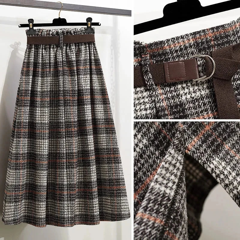 Plaid Vintage Knit Elastic High Waist With Belt A-line  Skirt