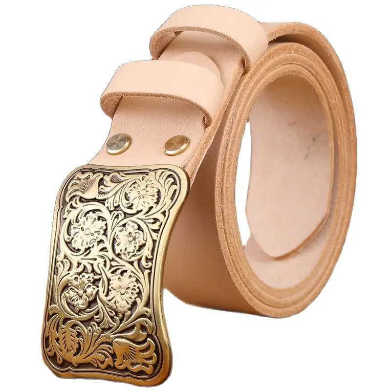 Solid brass flower buckle belt full grain cowhide leather high quality vintage