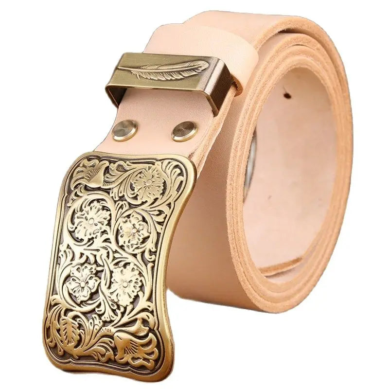Solid brass flower buckle belt full grain cowhide leather high quality vintage