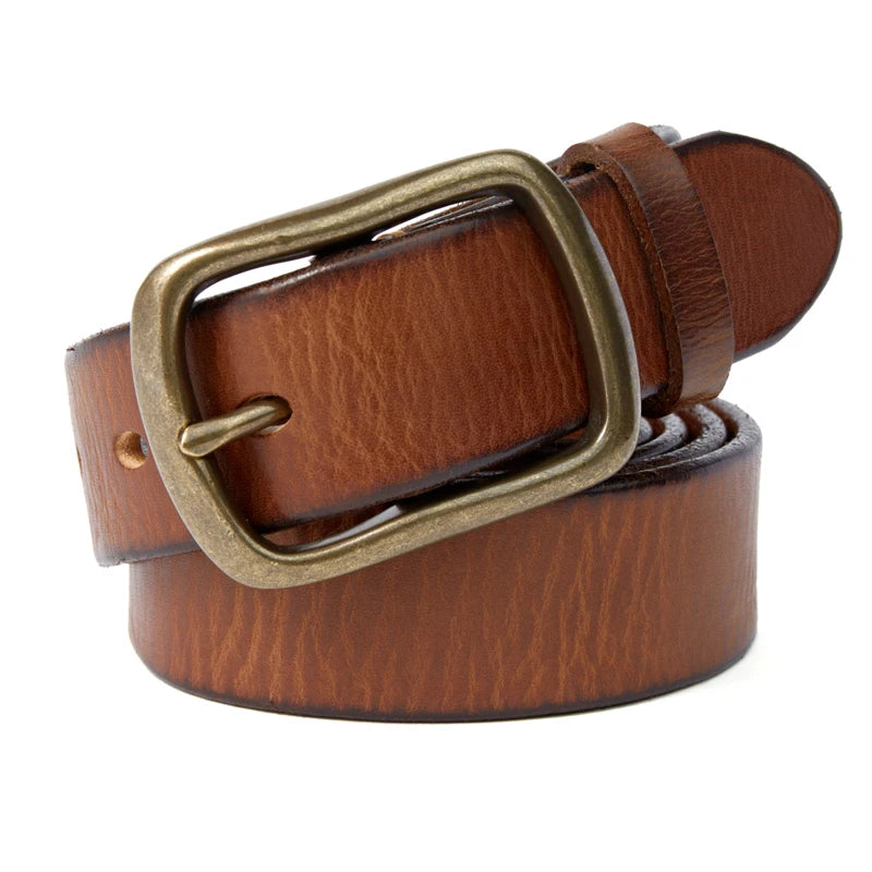 Vintage Luxury Handmade Leather Copper Buckle  Belt Cowhide Retro