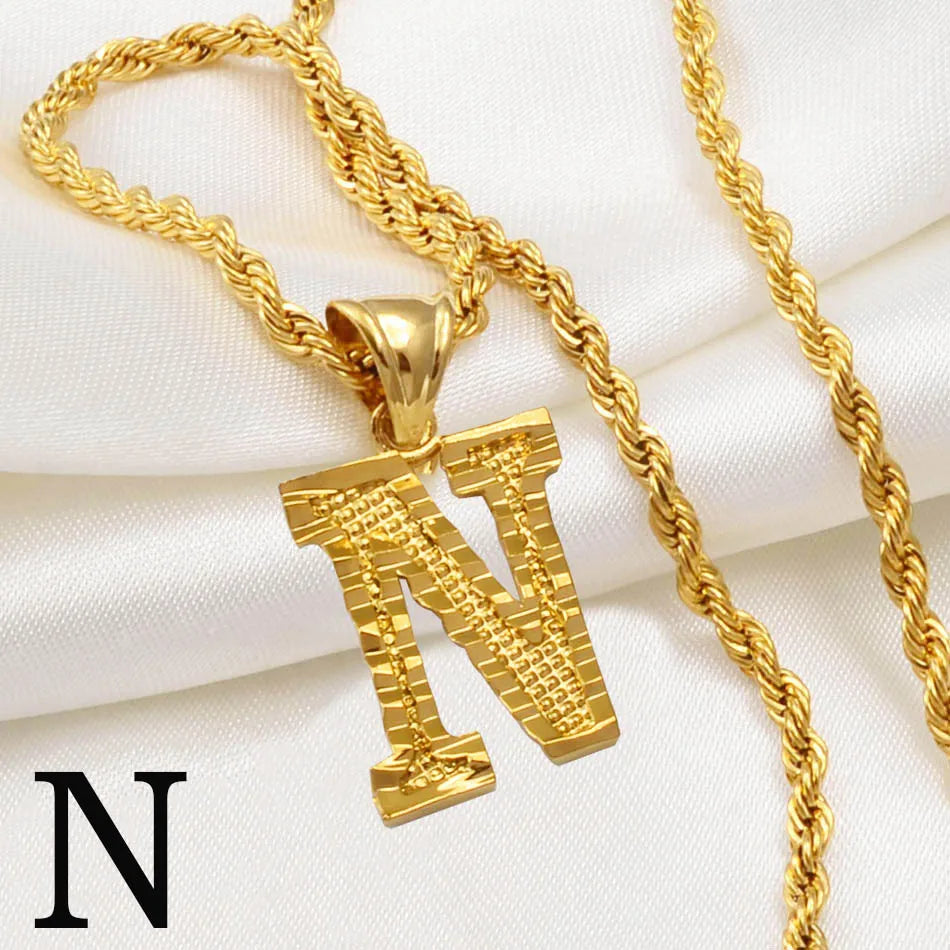 Anniyo A-Z Letters Necklaces Women Men Gold Plated Initial Pendant Rope Chain English Letter Jewelry Alphabet