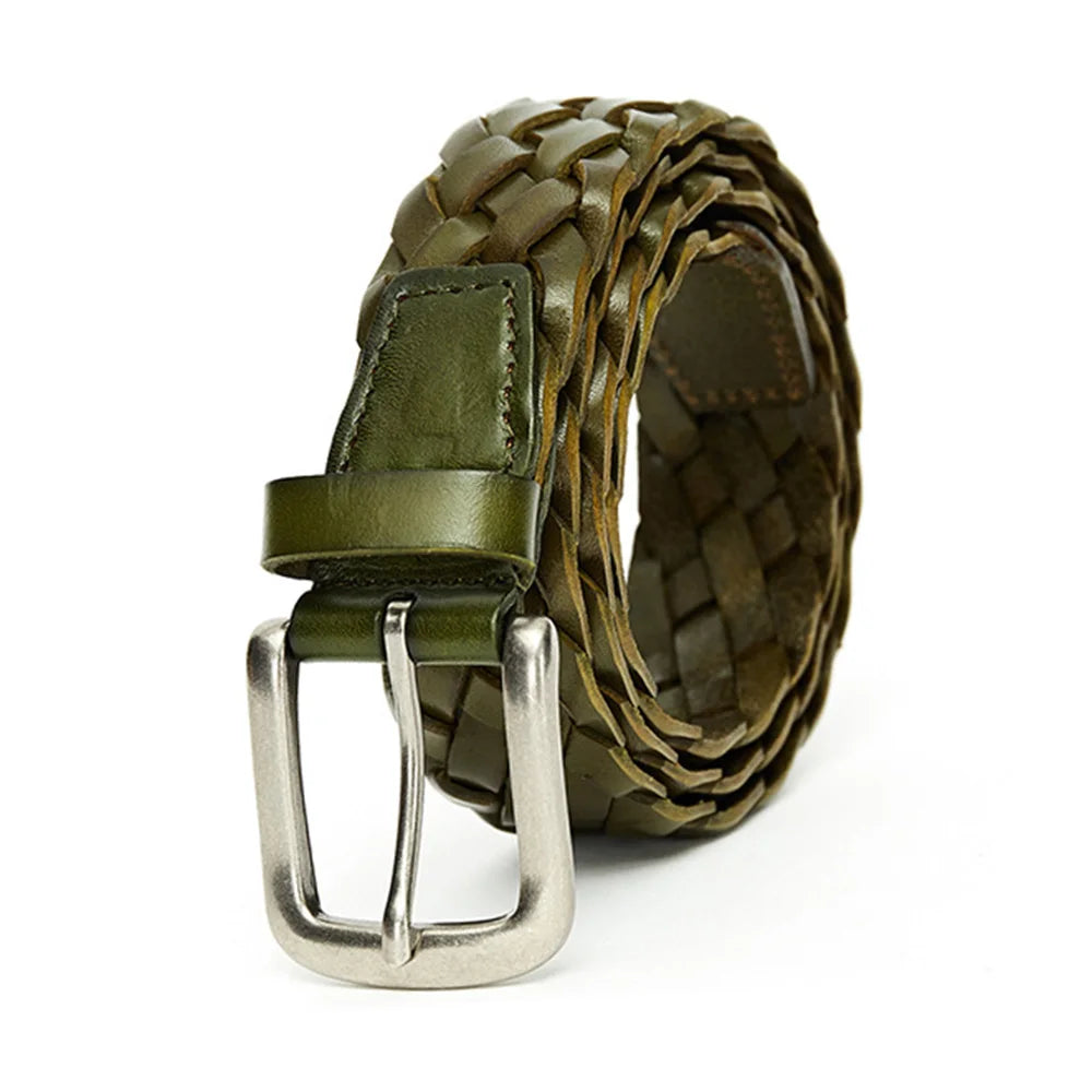 Design Top Quality Weaving Cowhide Leather Belt Alloy Pin Buckle