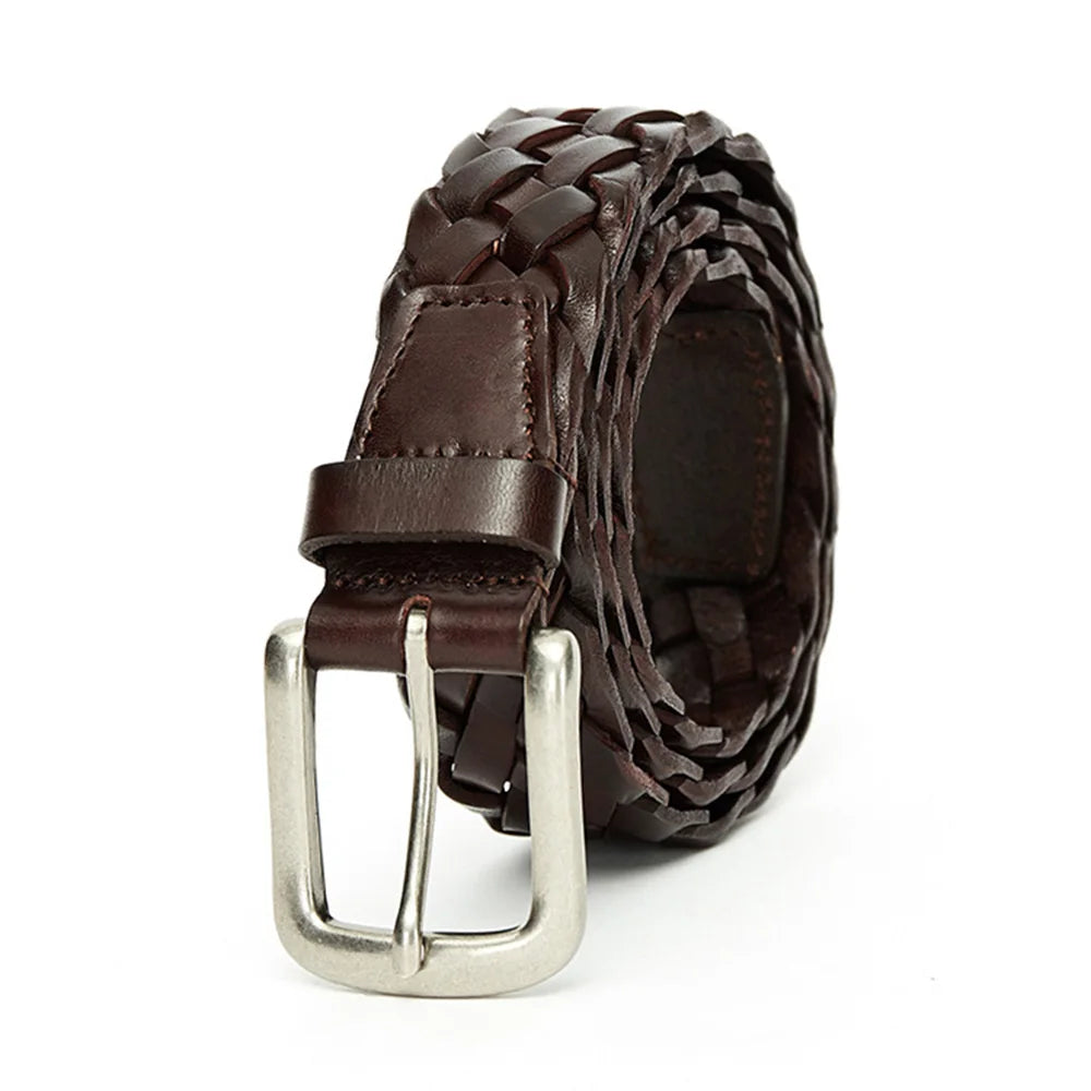 Design Top Quality Weaving Cowhide Leather Belt Alloy Pin Buckle