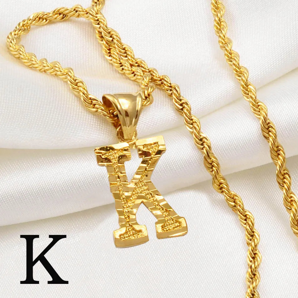 Anniyo A-Z Letters Necklaces Women Men Gold Plated Initial Pendant Rope Chain English Letter Jewelry Alphabet