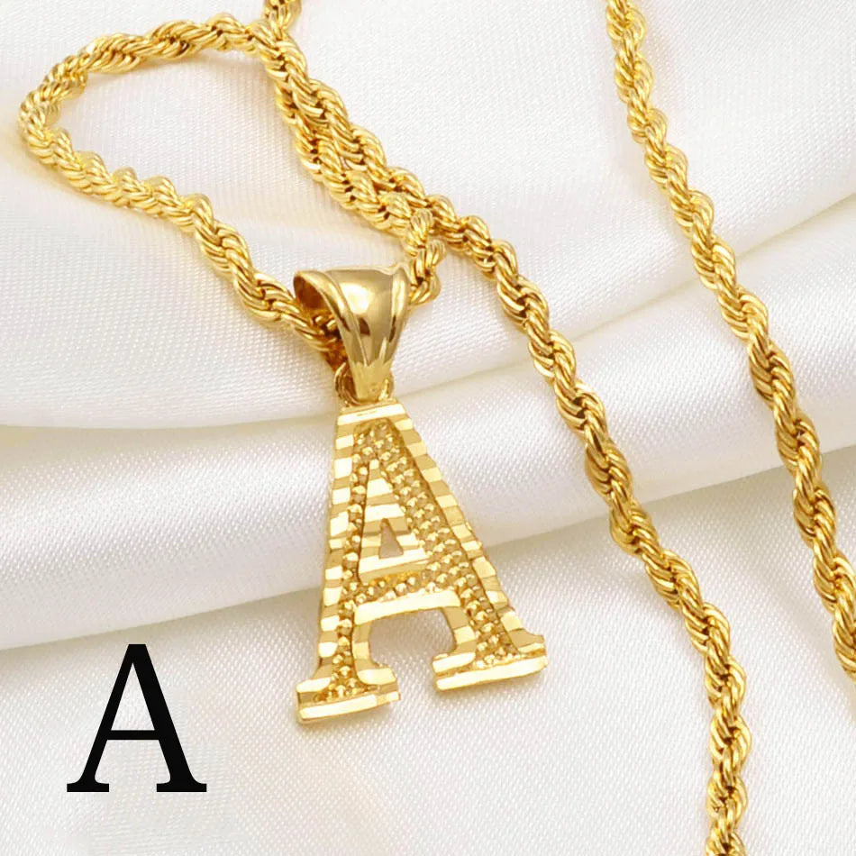Anniyo A-Z Letters Necklaces Women Men Gold Plated Initial Pendant Rope Chain English Letter Jewelry Alphabet