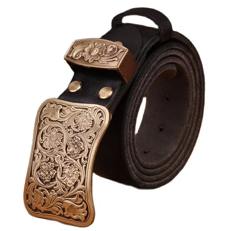 Solid brass flower buckle belt full grain cowhide leather high quality vintage