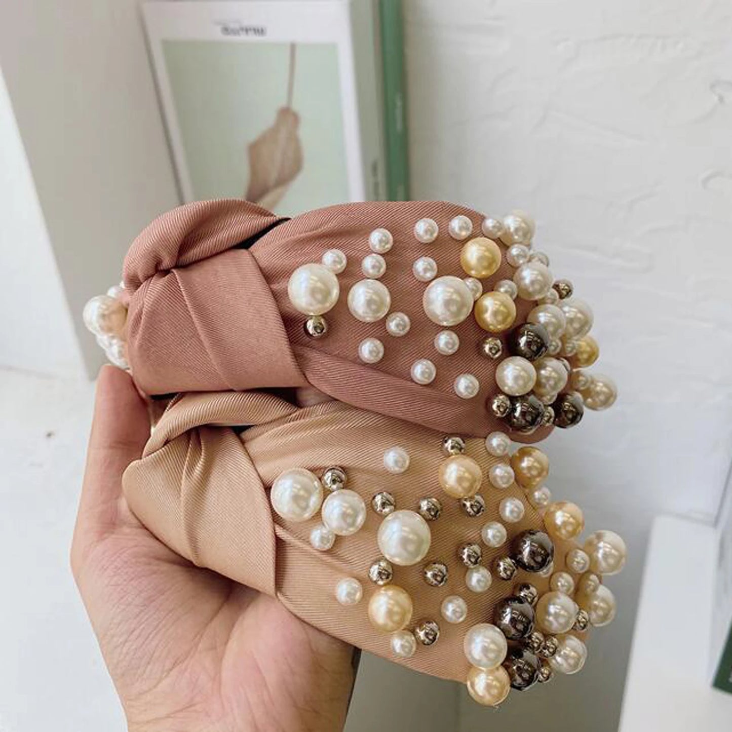 Fashion Women Hair Accessories Wide Side Headband Mix Pearls Baroque Hairband For Adult Center Knot Headwear