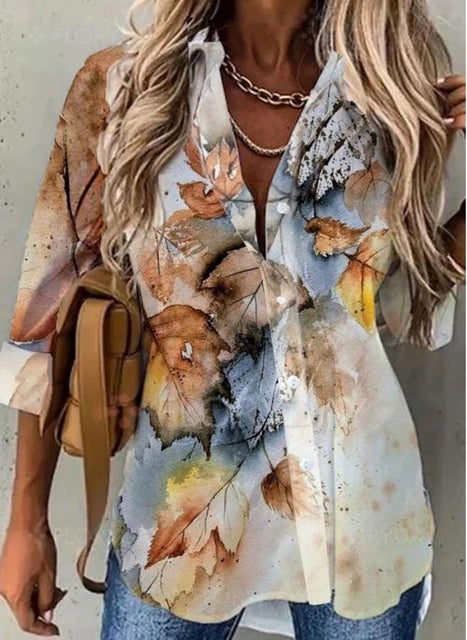 Fashion Polo Long Sleeve Shirt Women Fashion Print Casual Polo Collar Long Sleeve Shirt Button down